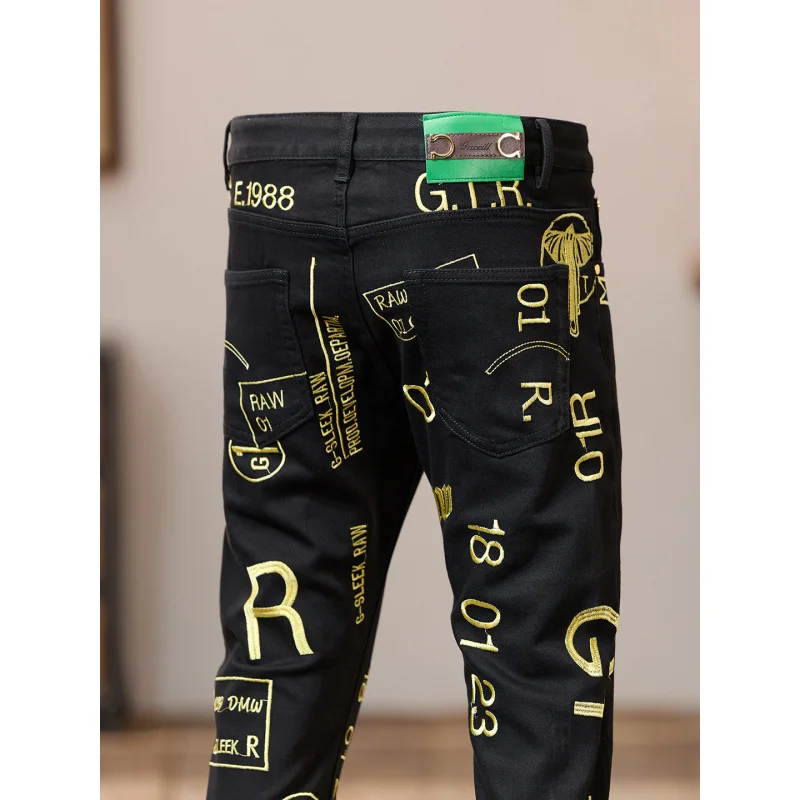 

Trendy retro embroidered printed jeans for men 2025 new autumn fashion men's clothing trend brand slim fit small leg pants