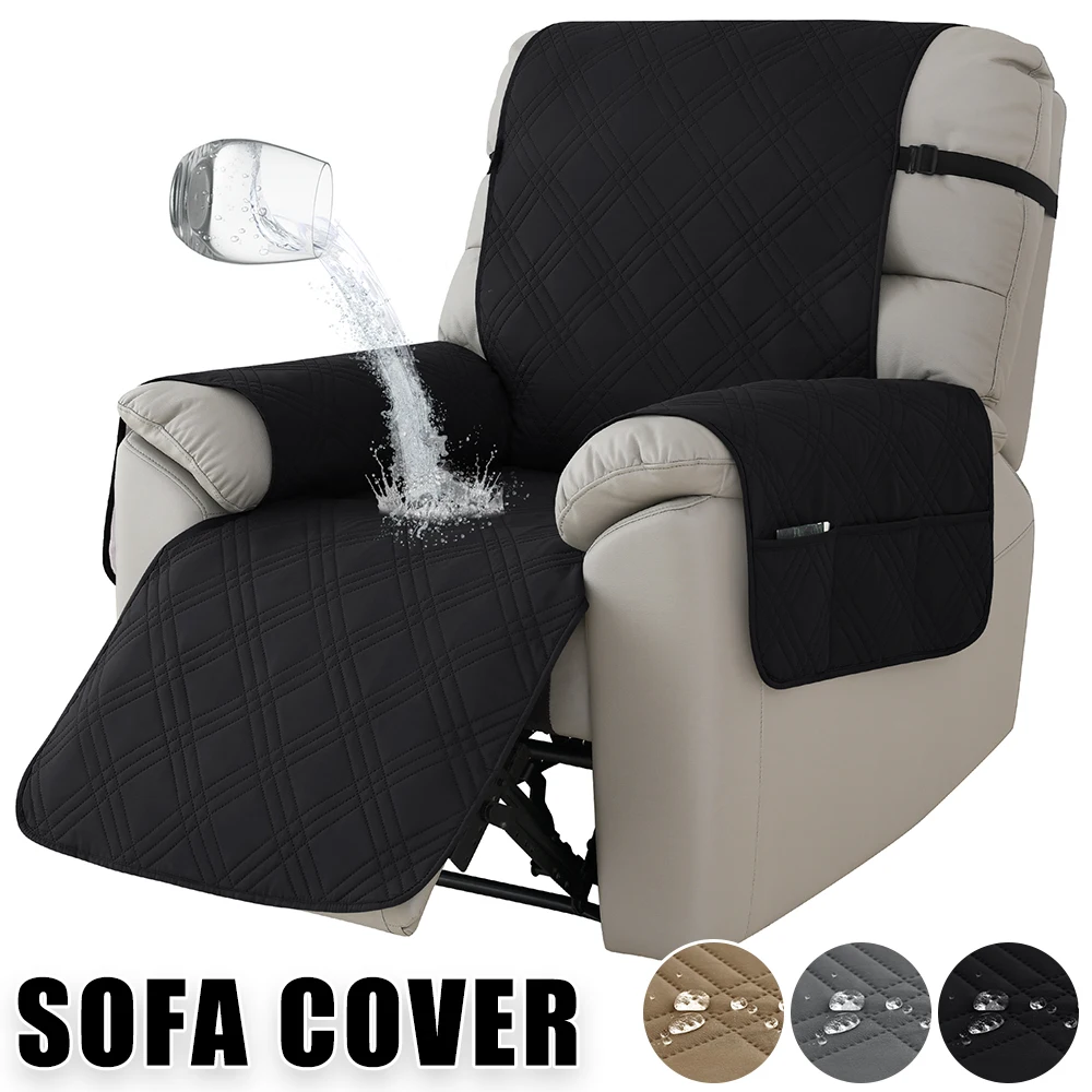 Splash Proof Recliner Sofa Cover Quilted Square Pattern Recliner Armchair Cover with Side Pocket Non-Slip Straps Sofa Protector