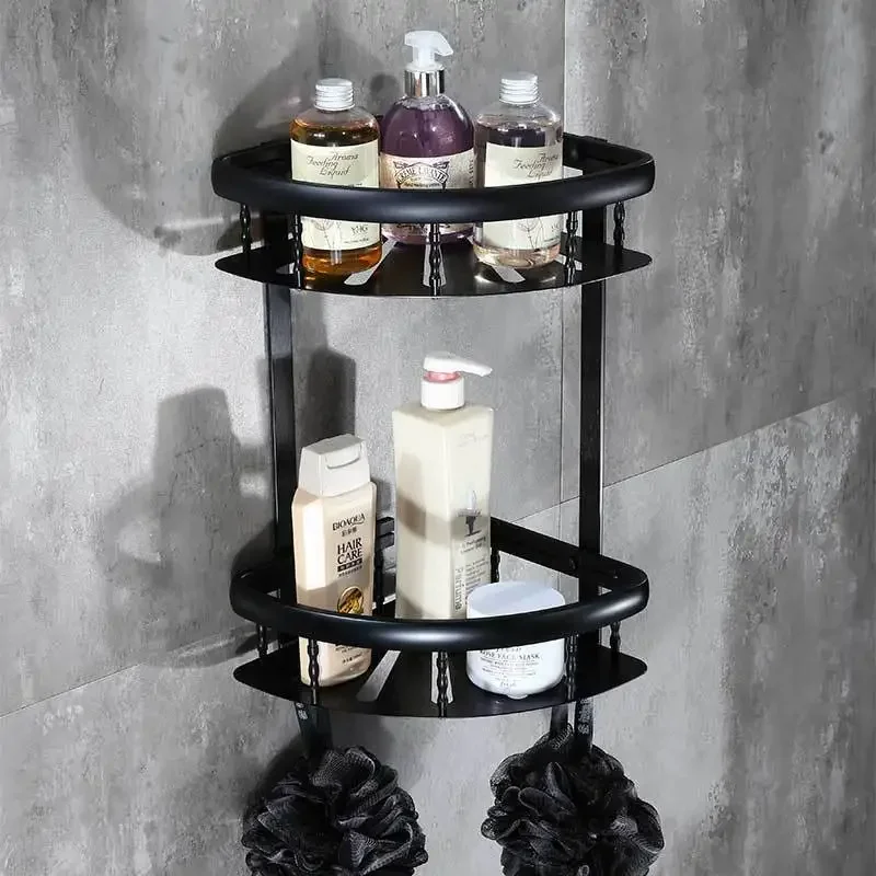 Black 2 Tier Bathroom Shelves Chrom Plated Space Aluminum Wall Mount Washing Shower Basket Bar Shelf Bathroom Organizer