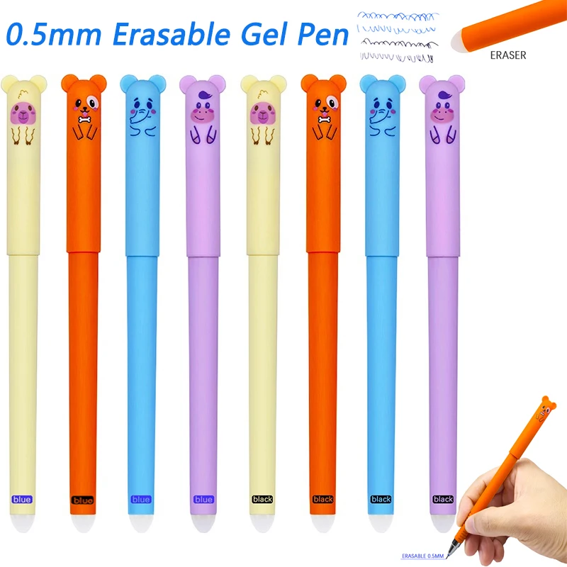 

4/8/12Pcs New Animals Elephant Bear Erasable Gel Pens, 0.5mm Needle Tip Blue/Black Washable Handle Magic Refills Rod Supplies