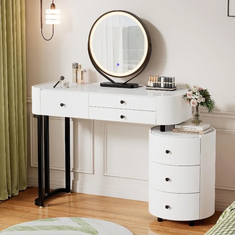 KDCAS Modern Vanity Desk with Mirror and Lights | Faux Leather Makeup Vanity with Drawers | Round Reversible Side Cabinet for