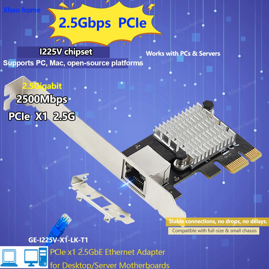

Для настольного компьютера Intel I225V PCI-E X1 RJ45 2,5G Gigabit Ethernet Lan 10/100/1000/2500 Мбит/с сетевой интерфейсная карта PCIe внутренняя сетевая карта