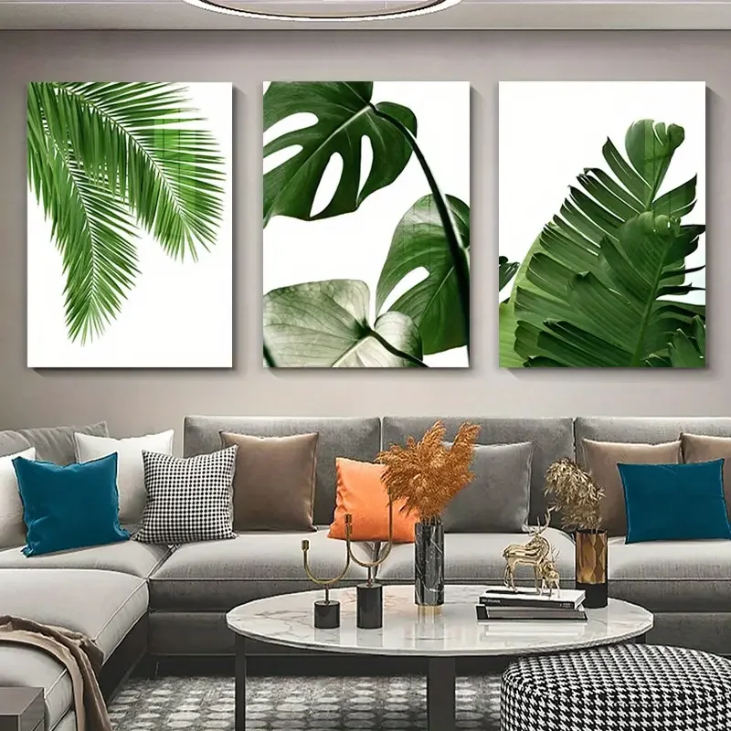 No Framed 3 Piece Green Tropical Leaf Canvas Painting Green Leaves Wall Art Monstera Leaf Palm Banana Print Posters Minimalist