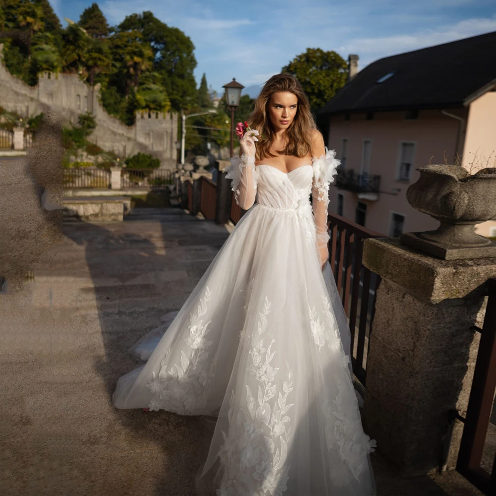 

Luxury Applique Lace Wedding Dresses Sweetheart A-Line Sleeveless Corset Flowers Tulle Bride Gowns Women Backless Customized