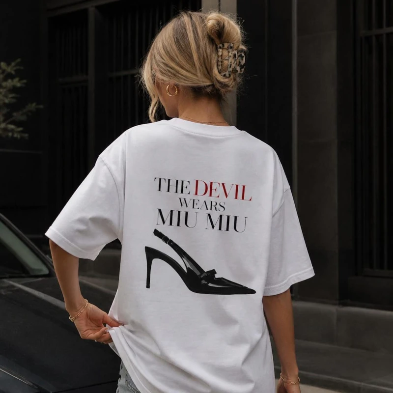 Devil Wears Miu Miu T-Shirt High Heel Illustration Fashion Quote