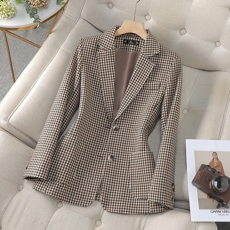 

Women Office Ladies Single Breasted Slim Tops Vacation Autumn Winter Fashion Plaid Temperament Long Sleeved Elegant Blazer Coat