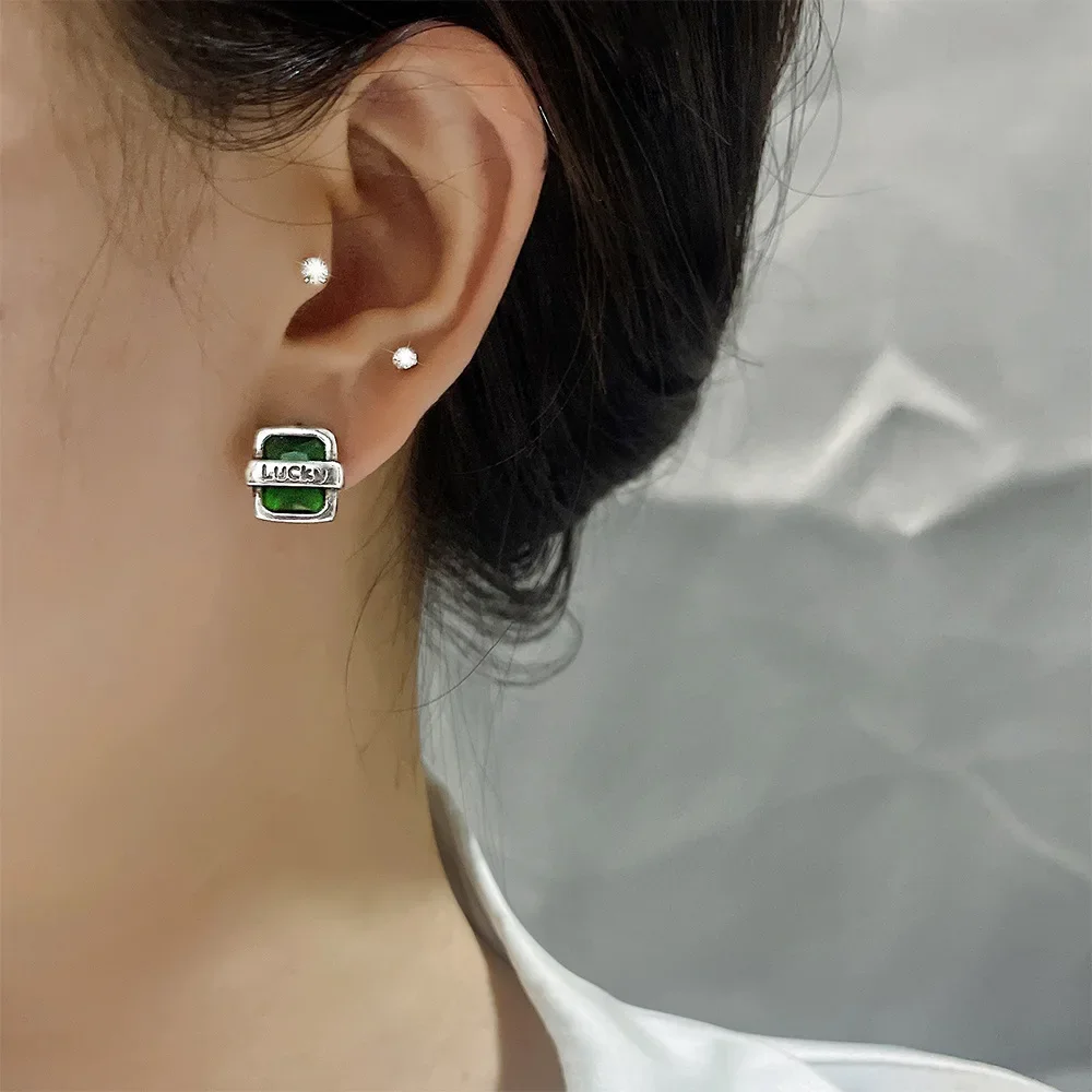 Green Zircon Luck Earrings for Women Vintage Geometry Charming Simple Punk Chic Birthday Jewelry Gift