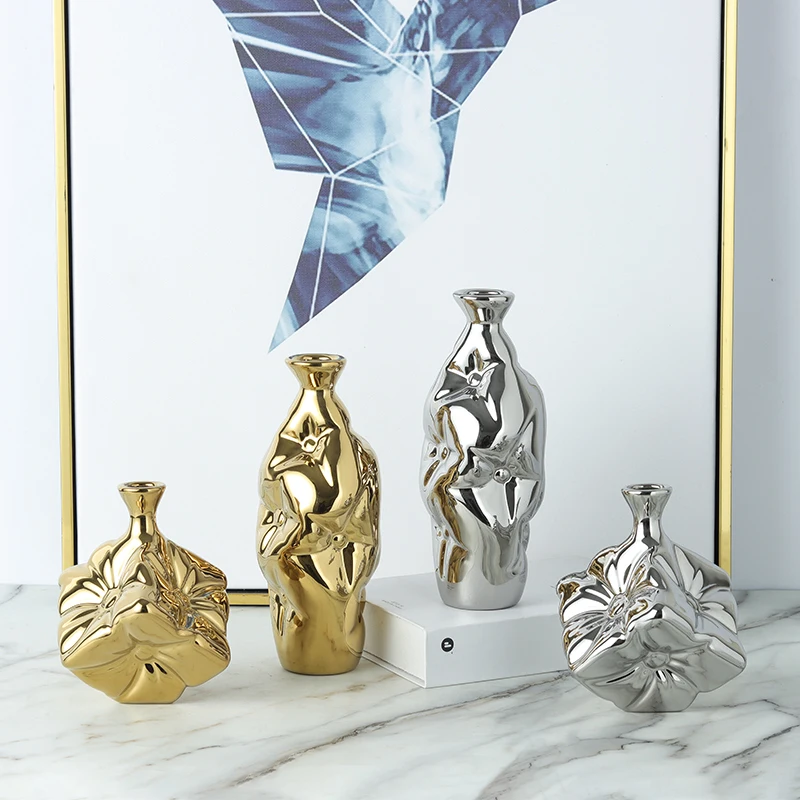 

Modern Minimalist Electroplated Silver Flower Vase, Nordic Light Luxury Home Decoration Ornament Ceramic Handicraft