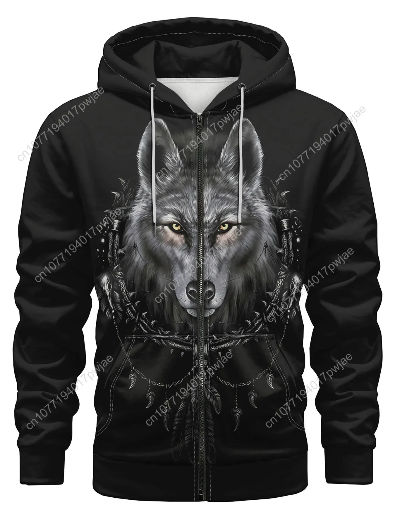 Giacca in pile da uomo con stampa lupo 1 pezzo con tasca a marsupio, felpa sportiva casual, tessuto lavorato a maglia in poliestere, manica lunga, coulisse, Z