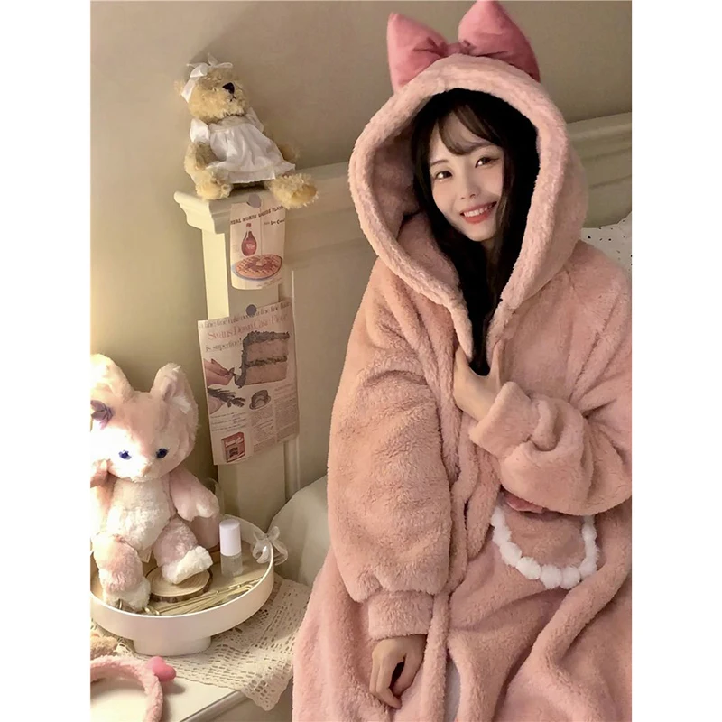 Bow Robe for Women Sleepwear Nightdress Winter Night Wears Warm Fleece Pajama One Piece Nightgown Pocket Long Sleeve Homewear