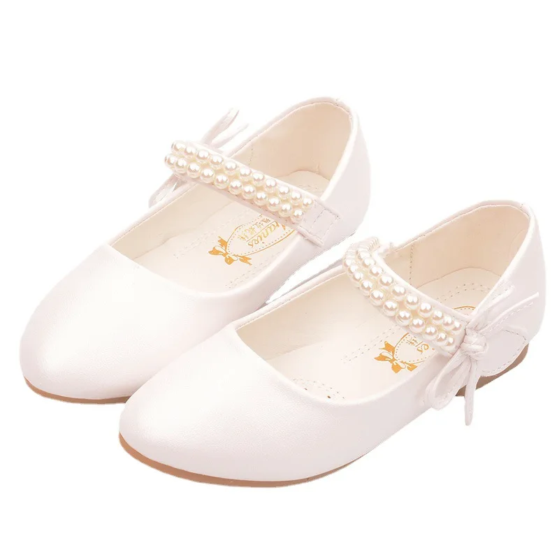 2023 New Girls White Leather Shoes Children Flat White Shoes Girls Flower Girl School Dress Shoes Toddler Girl Shoes