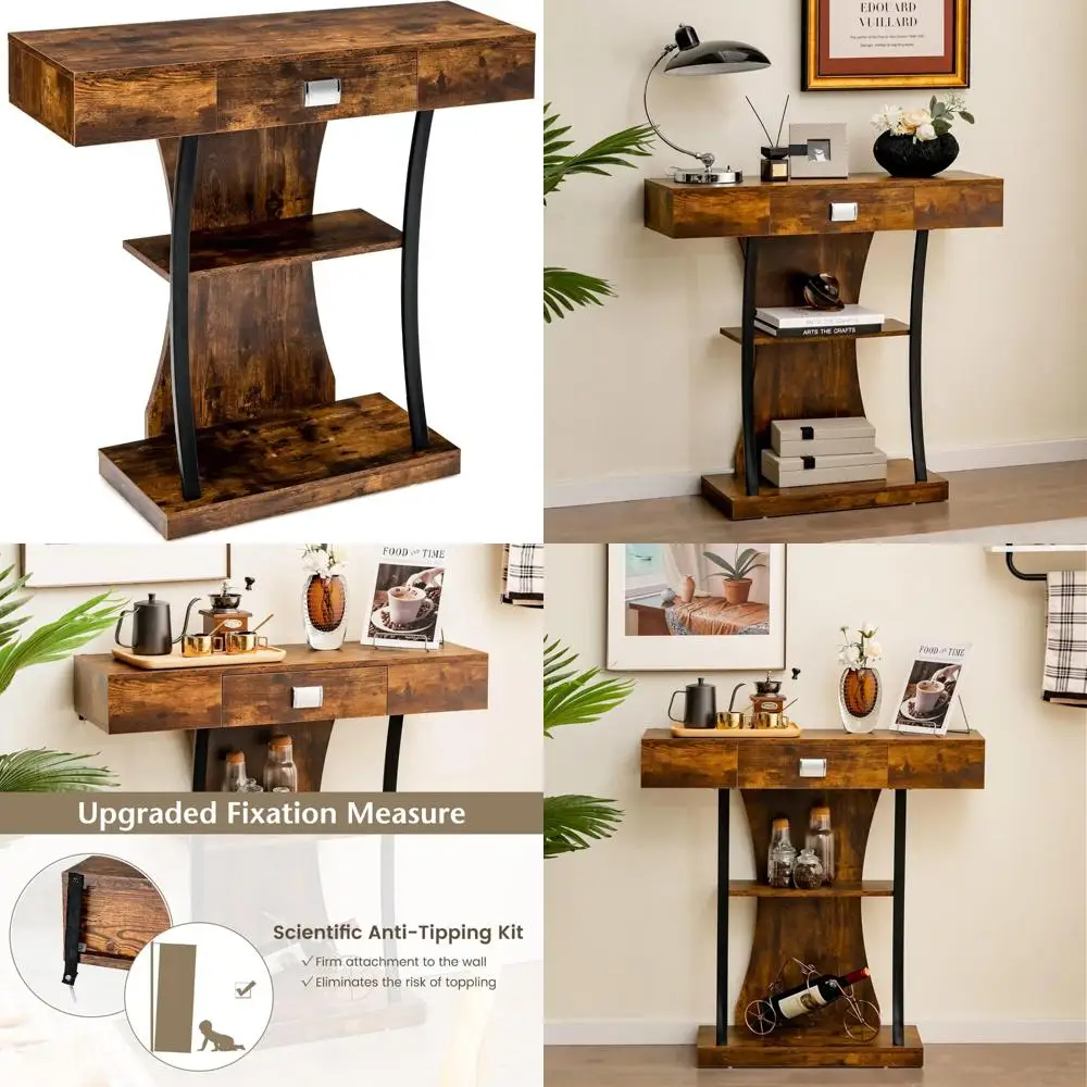 Modern Narrow T-Shaped Console Table with Drawer and Shelves - Behind Sofa Storage, Anti-Tip Design, Foyer Entryway Furniture