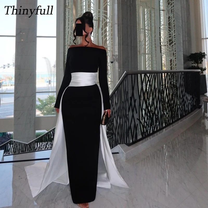 

Thinyfull Mermaid Saudi Arabia Evening Party Gowns Off Shoulder Long Sleeves Prom Dresses Satin Formal Occasion Dress Customized