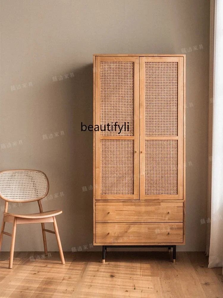 

X Solid Wood Rattan Wardrobe Japanese-Style Assembled Storage Household Wardrobe Bedroom Two-Door Press Wardrobe