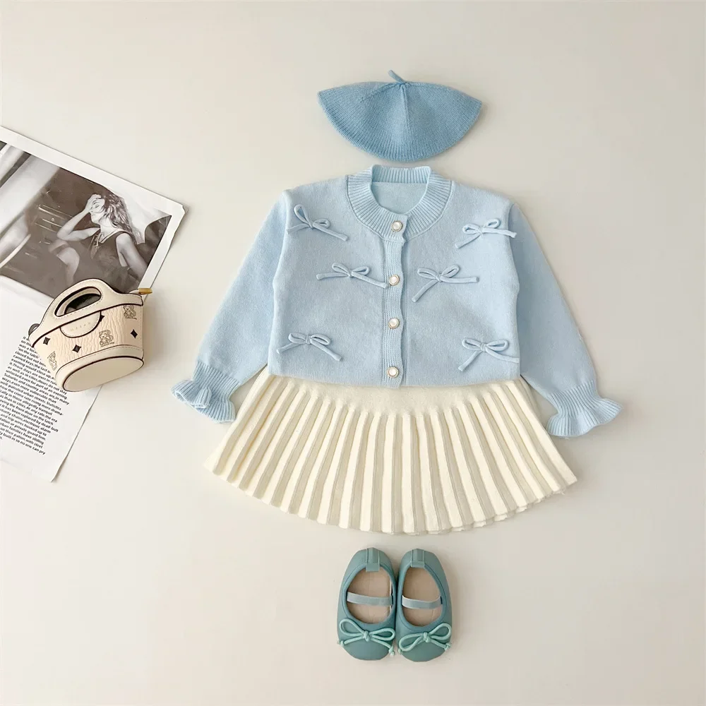 Girls Sets 2024 Autumn and Winter New Girls Bow Knitted Sweater Cardigan Solid Pleated Skirts Baby Girls Stylish Two-piece Set