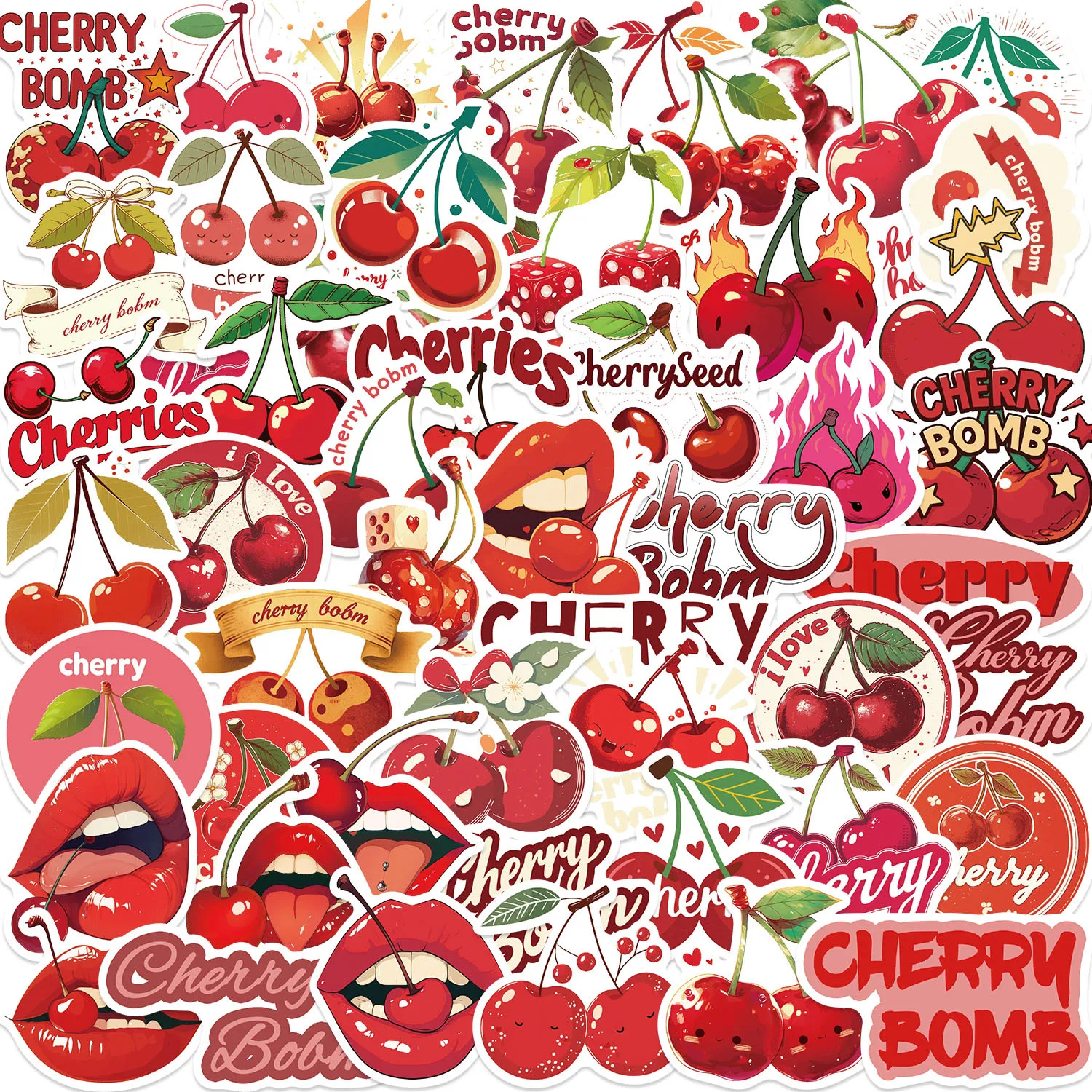 10/30/50PCS Red Cherry Fruit Cartoon Stickers DIY Decoration PVC Waterproof Skateboard Notebook Graffiti Toys