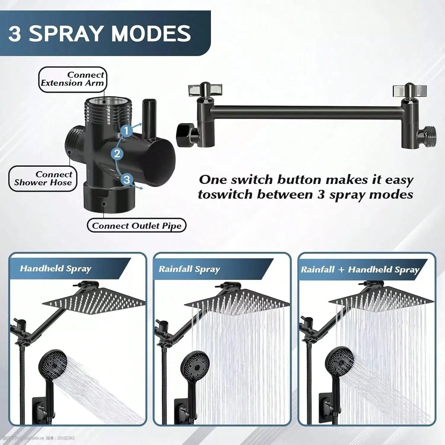 مجموعة رأس دش عالية الضغط مقاس 8/12 بوصة، مكونة من 9 مجموعات، مضادة للتسرب، كروم/أسود غير لامع