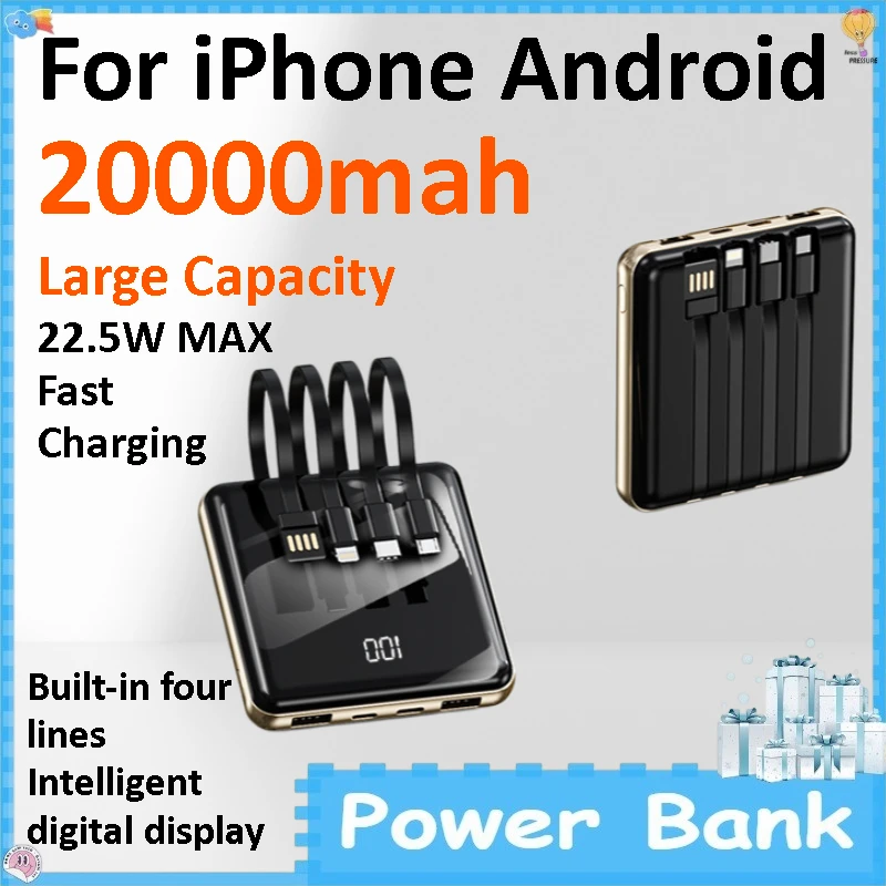 20000mAh Large Capacity Portable Power Bank Ultra Slim Thin Design Built-in Cable Fast Charger for Smartphone