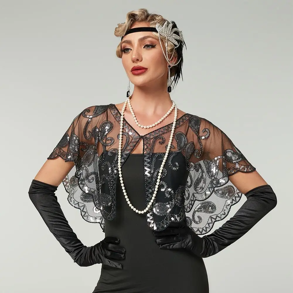 

Пальто-пончо с блестками в стиле ретро, винтажный стиль, блестящая короткая накидка с блестками и бисером, разноцветная ажурная шаль-хлопушка