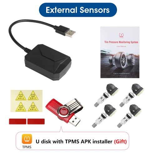 Imagen 2 del producto Sistema de supervisión de presión de neumáticos USB Android TPMS, sistema de alarma de pantalla, sensores internos para navegación de coche, Radio de coche, 4-5 sensores