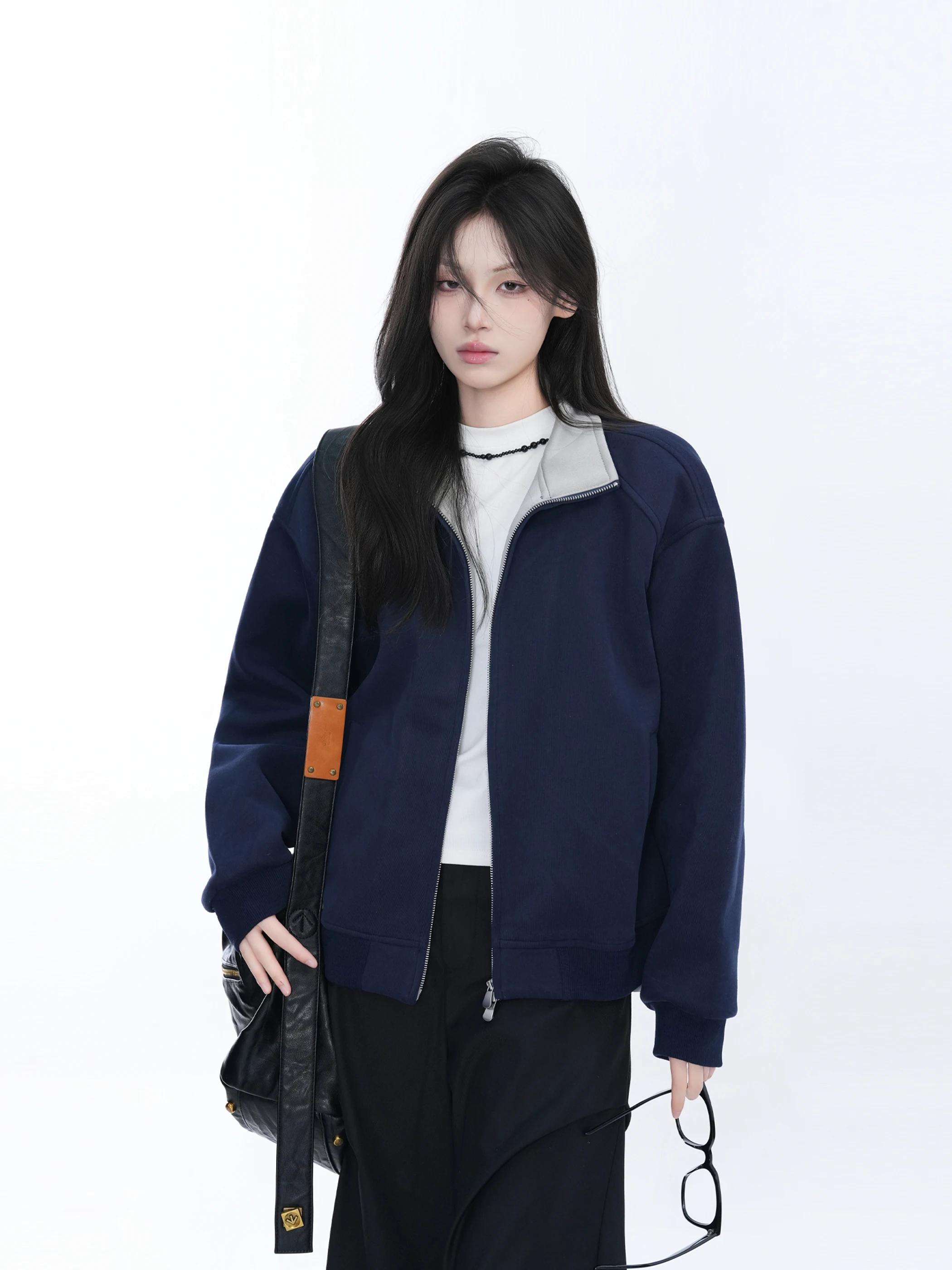 

Loose ex Korean Sle Zipper Collar Sweatirt Women's Autumn Long Sve Ne Outerwear Casual Comfortable Coat