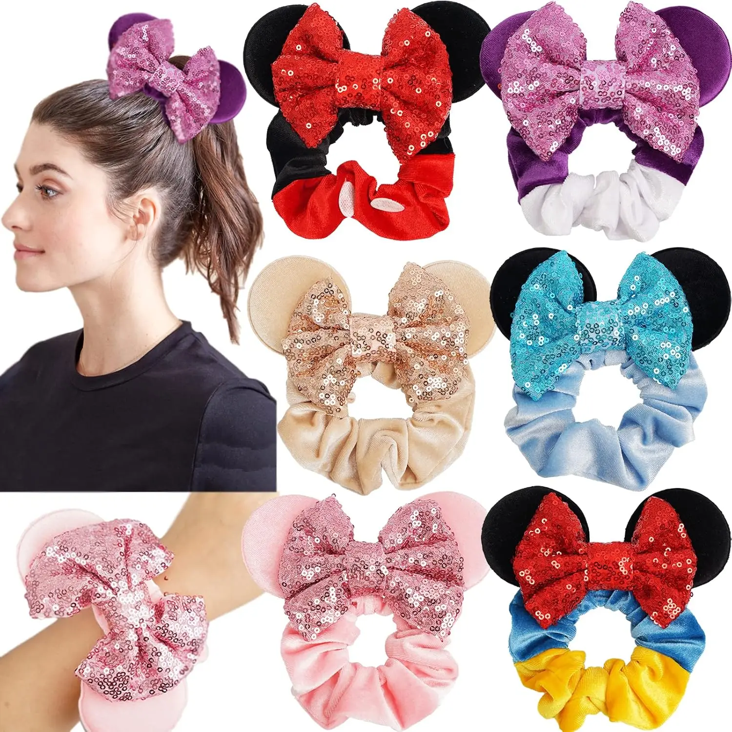 

6 Pack Mouse Ears Scrunchies Velvet Sparkle Sequin Mouse Bows Hair Scrunchies Hair Ties Elastic