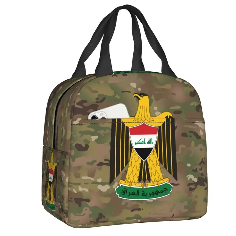 Emblem Of Iraq Thermal Insulated Lunch Bag Iraqi Flag Eagle Portable Lunch Tote for Camping Travel Multifunction Food Box