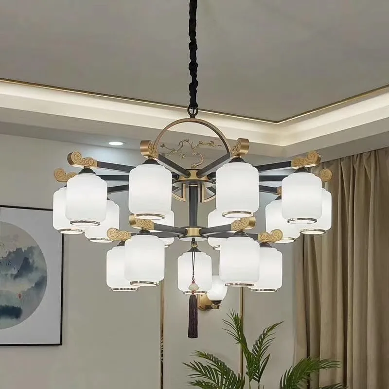 New Chinese Zen Chandelier Living Dining Room Bedroom Pendant Lights Villa Duplex White Glass Hanging Lamps Home Decor Lighting