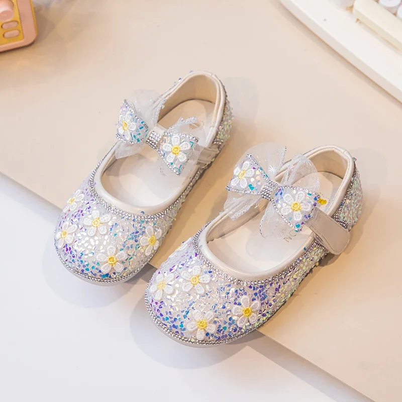 Herfst Nieuwe Bloem Lovertjes Meisjes Prinses Schoenen Zachte Zool Anti Slip Kinderen Casual Schoenen Mode Boog Baby Flats