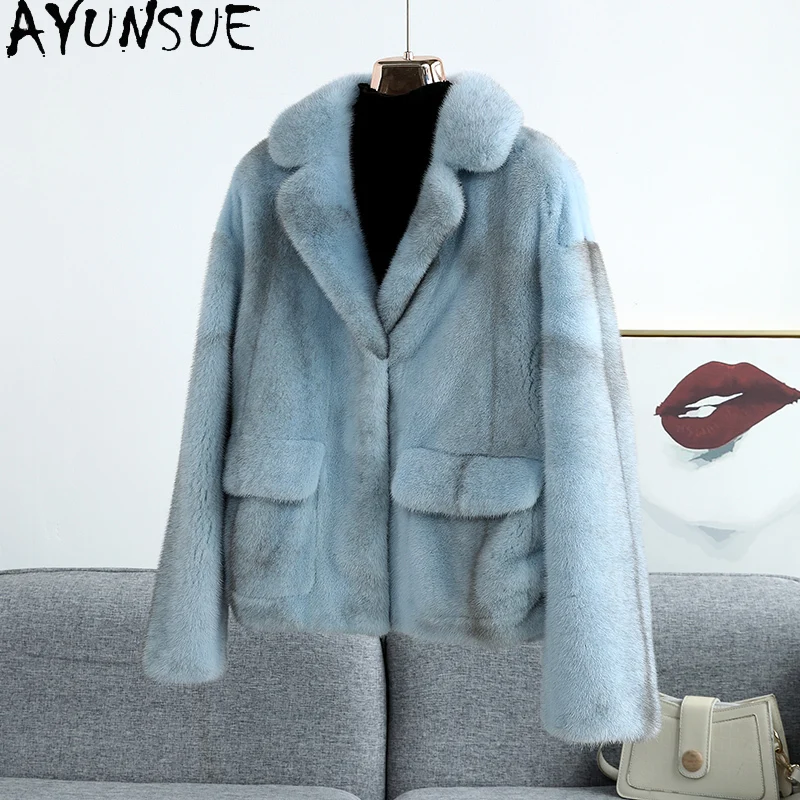 

AYUNSUE 2025 Autumn Winter Long Sleeve Natural Mink Fur Jacket Woman Luxury Whole Mink Real Fur Jackets for Woman Clothing New
