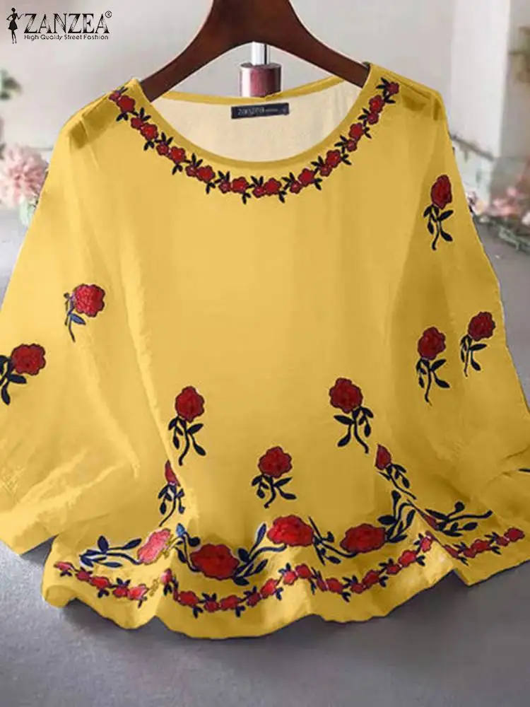 Zanzea Frauen Laterne Halbarm Top Sommer Blumen druck Shirt lose Bluse Mode koreanische lässige Rundhals-Tunika Overs ize