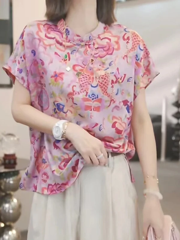 

Fashionable Large Size Women's Shirt Summer New Arrival Slant Button Printed Top Korean Style Slim Fit High Waist Short Sleeve