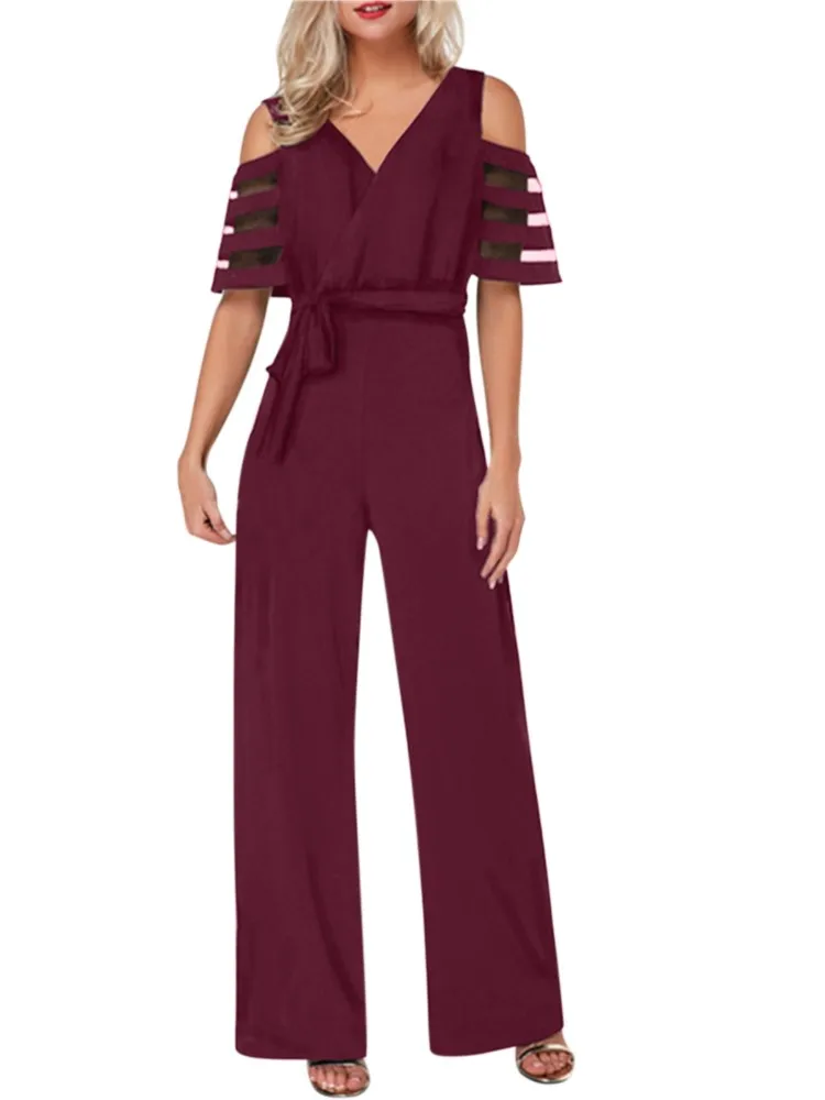 Temperament Women's Commuting Clothing Jumpsuits Solid Color Sexy V-neck Off Shoulder High Waist Leace-up Wide Legs Jumpsuit New