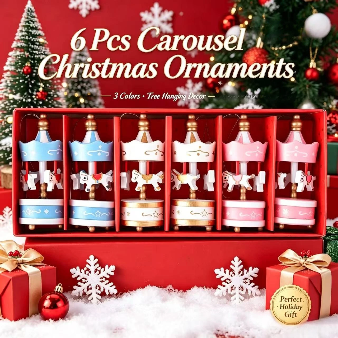 6Pcs Carousel Christmas Hanging Ornaments Merry‑Go‑Round Tree Decor Pendants Vintage Holiday Home Wall & Xmas Tree Hanging Decor
