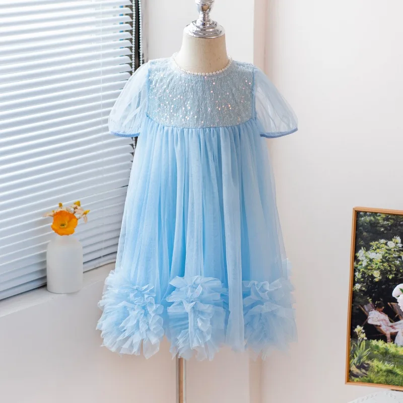 Summer New Baby Girls Puff Sleeve Princess Dress - Toddler Sequin Embroidered Tulle Dress with 3D Floral Appliqués Elegant Style
