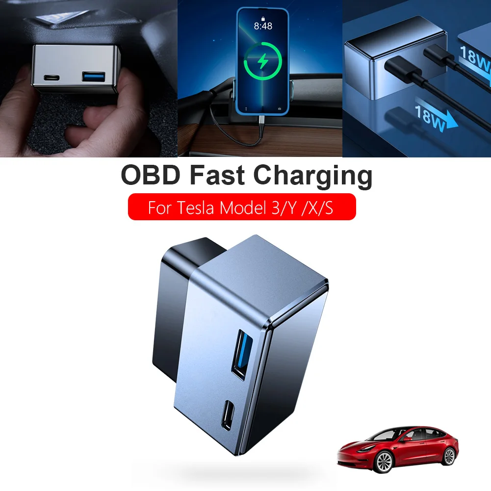 

Для Tesla Model 3 Y X S 2021 - 23 OBD Расширенный порт PD Быстрая зарядка USB Type - C Двухголовые автомобильные аксессуары