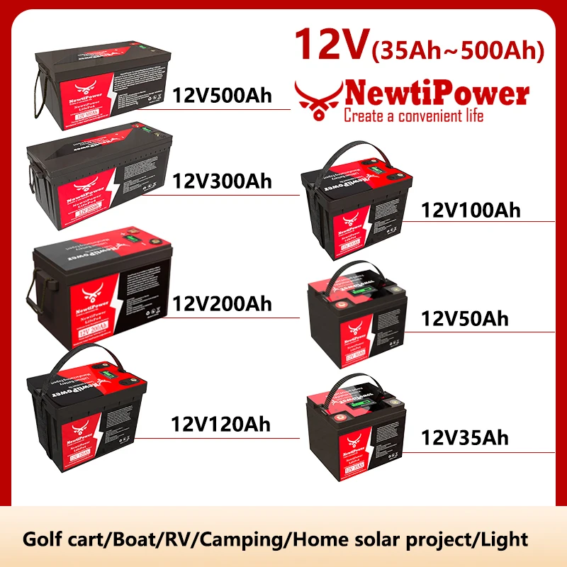 NewtiPower 12V 24V 48V 50AH 100Ah 200Ah 300Ah LiFePO4 Battery Pack for Solar Power System RV House Built-in BMS Lithium Iron