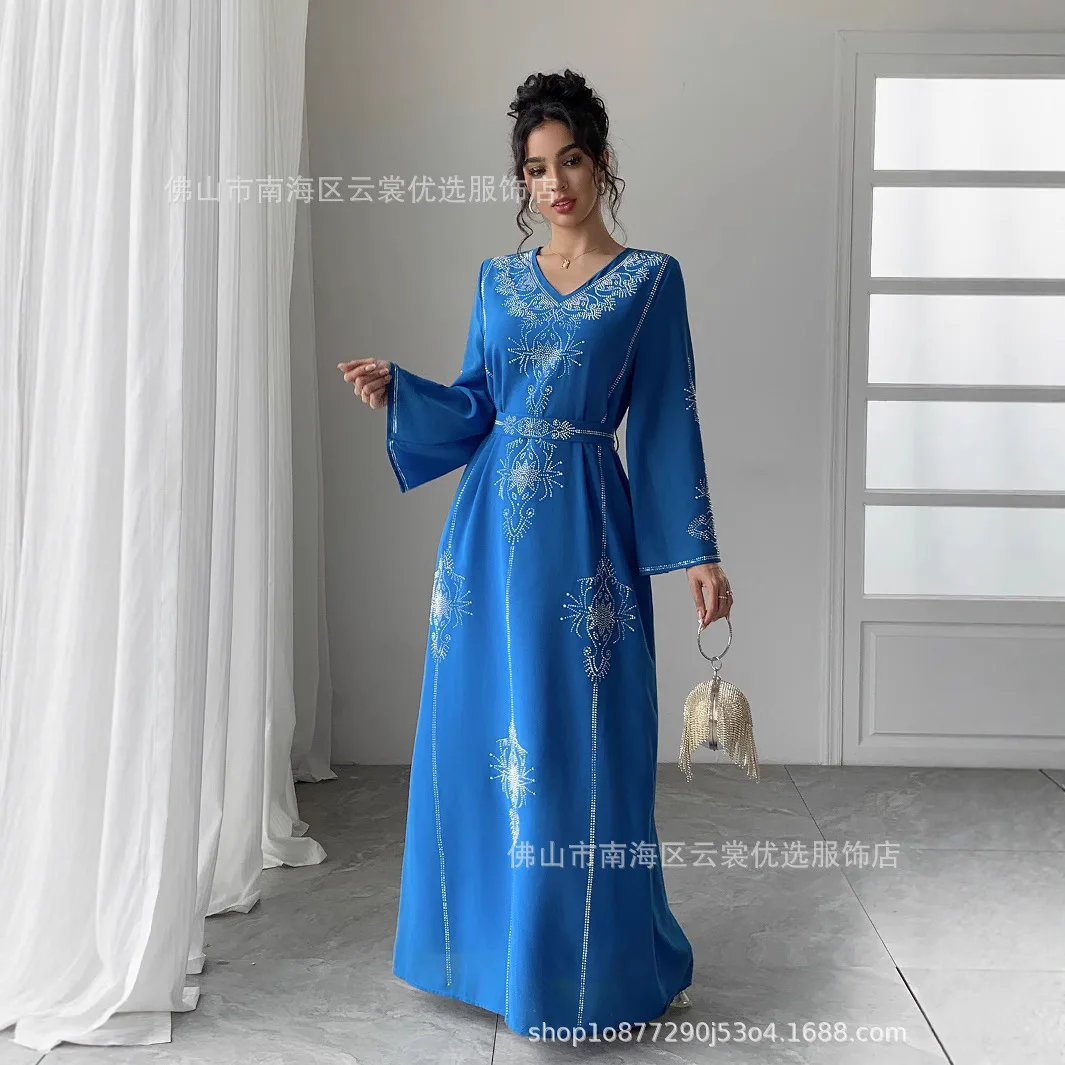 

Женское платье-абайя с бриллиантами для Ид, мусульманская джалабия, платье с V-образным вырезом для Рамадана, длинные вечерние платья, арабская длинная роба, марокканский дубайский кафтан