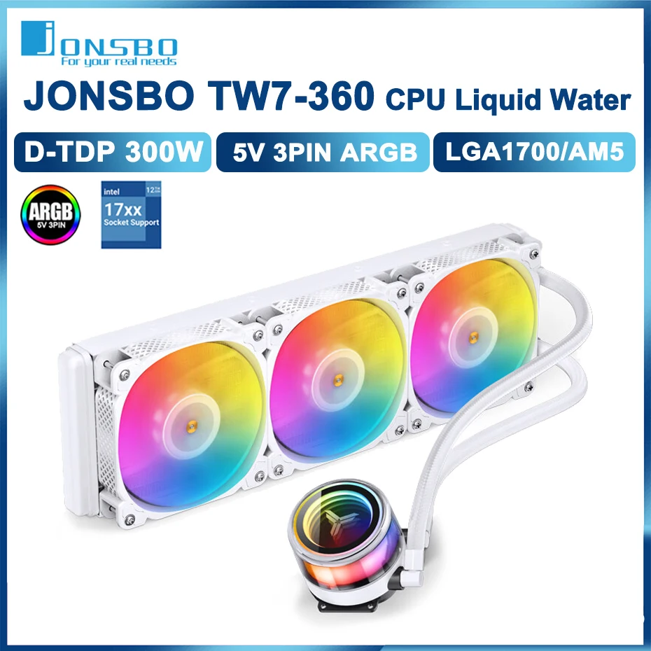 

JONSBO TW7-360 White CPU Water Cooler 5V/3PIN ARGB Fan Liquid Integrated Radiator For LGA2011 115X 1200 1700 AM4 AM5