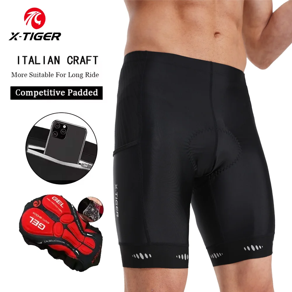 X-TIGER Men's Cycling Shorts Triple Pocket Gel Padded Cycling Reflective Shorts TMB Bicycle MTB Underwear Outdoor Casual Pants