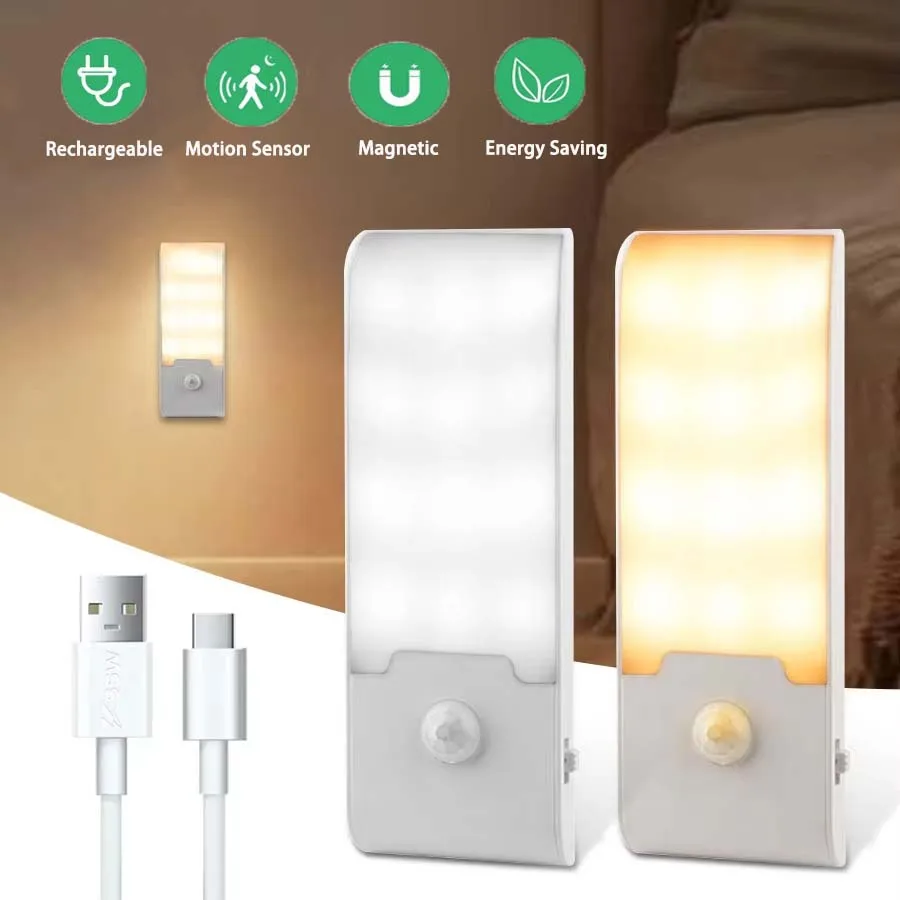 Motion Sensor LED Night Light Rechargeable Cabinet Light Wireless Magnetic Night Light for Bedroom Kitchen Closet Hallway Stairs