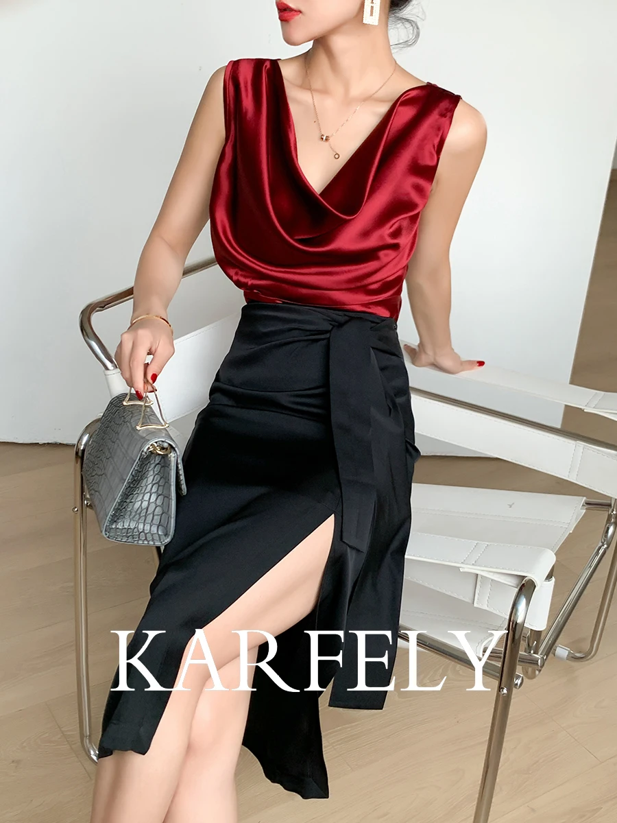 

KARFELY Sexy Elegant Acetate Satin Vest Base Shirt Three-acetate Fiber Commute Style Short Length Pure Color Summer 2025