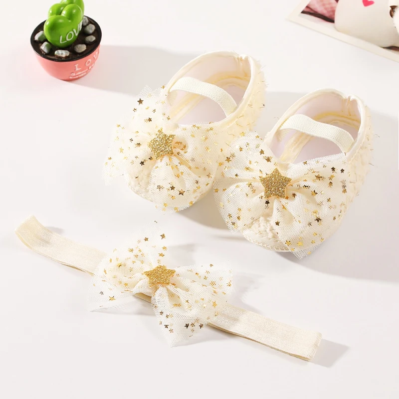 Baby Girls' Mesh Bow Star Princess Shoes Baby Soft Soled Toddler Shoes Headband Set Birthday Party Children'S Girls' Shoes