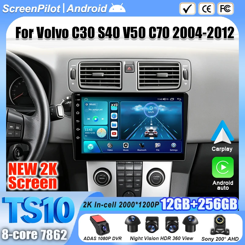 Android 16 For Volvo C30 S40 V50 C70 2004-2012 Car Radio Stereo Head Unit Multimedia Video Player GPS Navigation 9 Inch 2K QLED