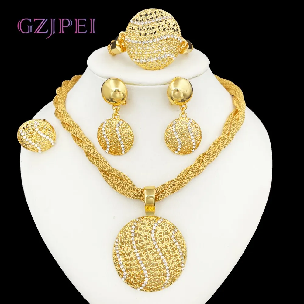 GZJPEI 2025 New Women Jewelry Set Hight Quality 18K Gold Plated Round Pendant Necklace Bracelet Shiny Zircon Earring Ring