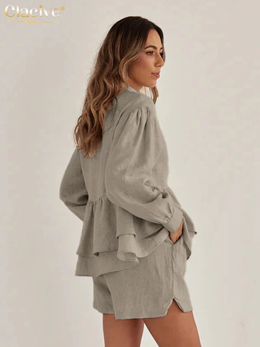 Clacive Fashion Loose Khaki Linen 2 Piece Sets Women Outfit 2025 Elegant Long Sleeve Shirt With High Waist Shorts Set Female