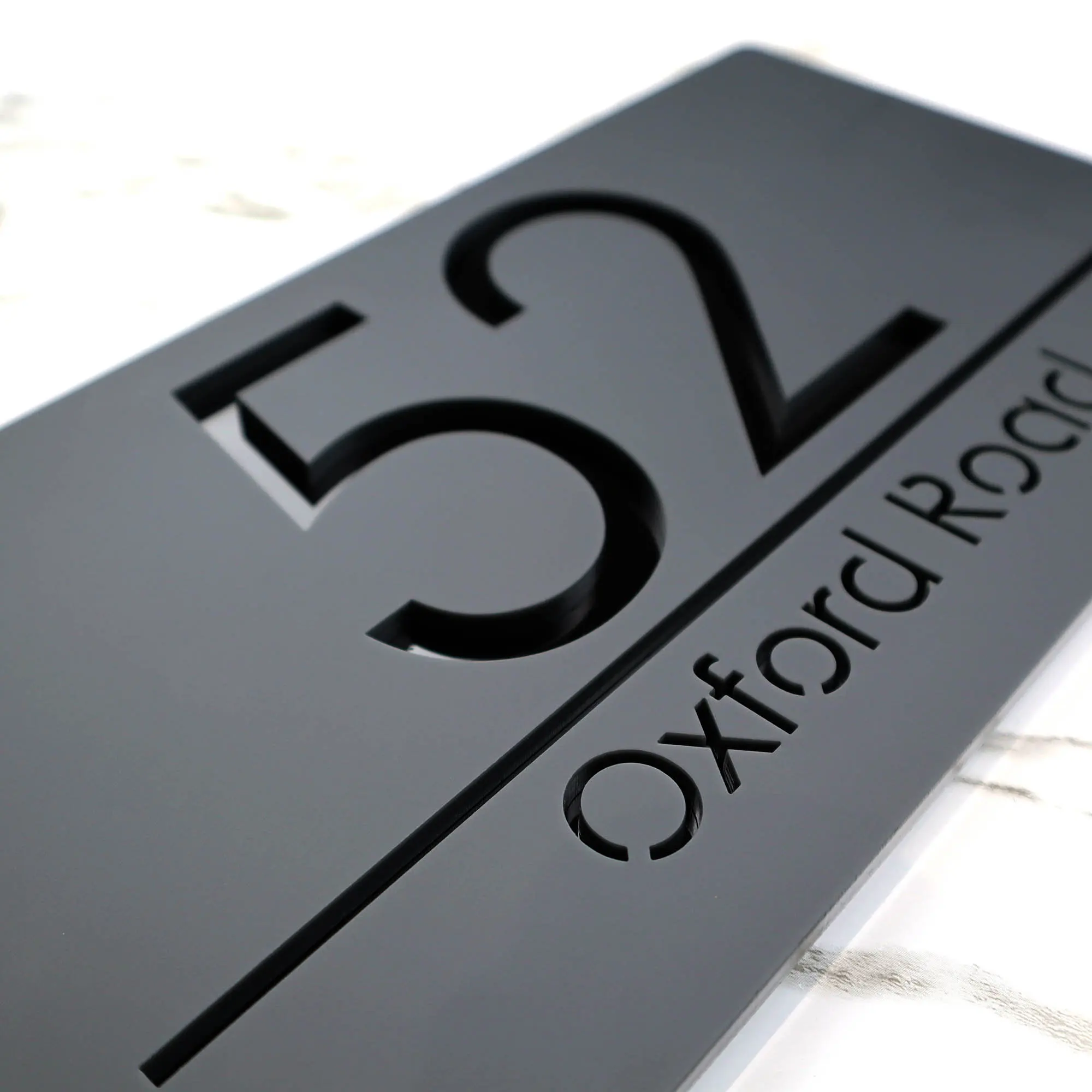 

Custom 3D Laser Cut Matt Dark Black Copper Mirror Floating Acrylic House Sign Door Numbers Plaque 300mm x 160mm