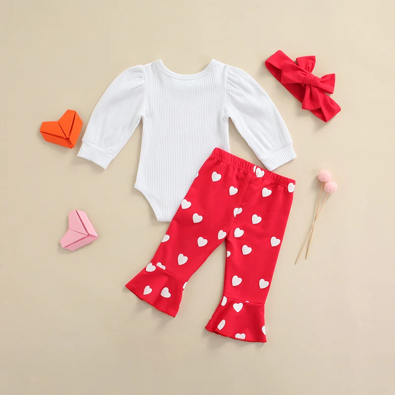 

Adorable Infant Girl Valentine Outfit Cute Heart Print Romper Flared Pants Bow Headband Set for Toddlers