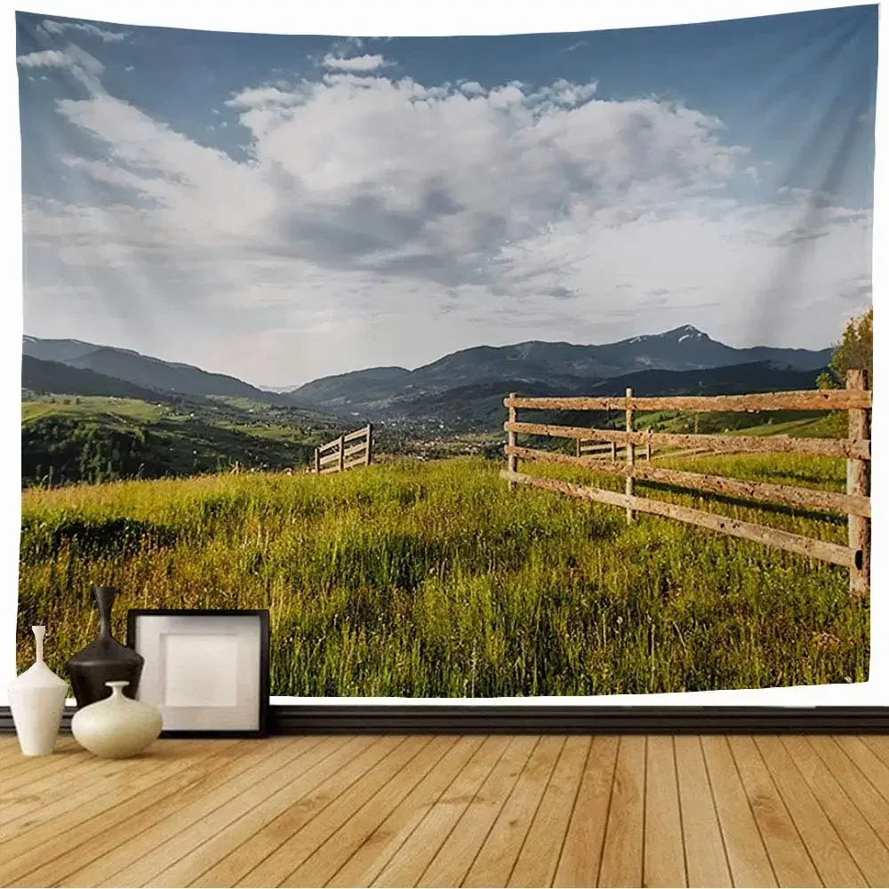 Green Field Blue Sky Tapestry Spring Nature View Picturesque Pasture Tapestry Wall Hanging for Living Room Bedroom Home Decor