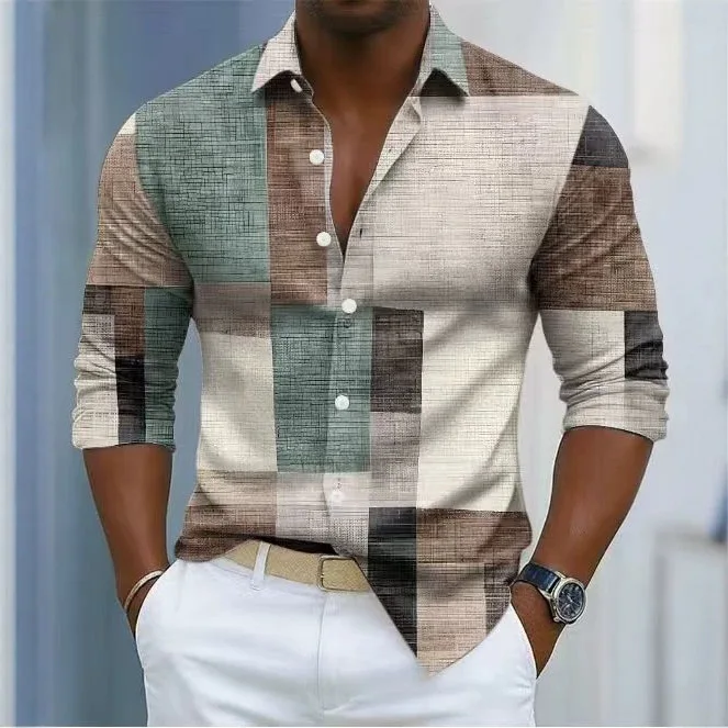 Retro Men's Shirt Fashion Plaid Casual Long Sleeve Printed Hawaiian Shirt Summer Cardigan Long Sleeve Men's